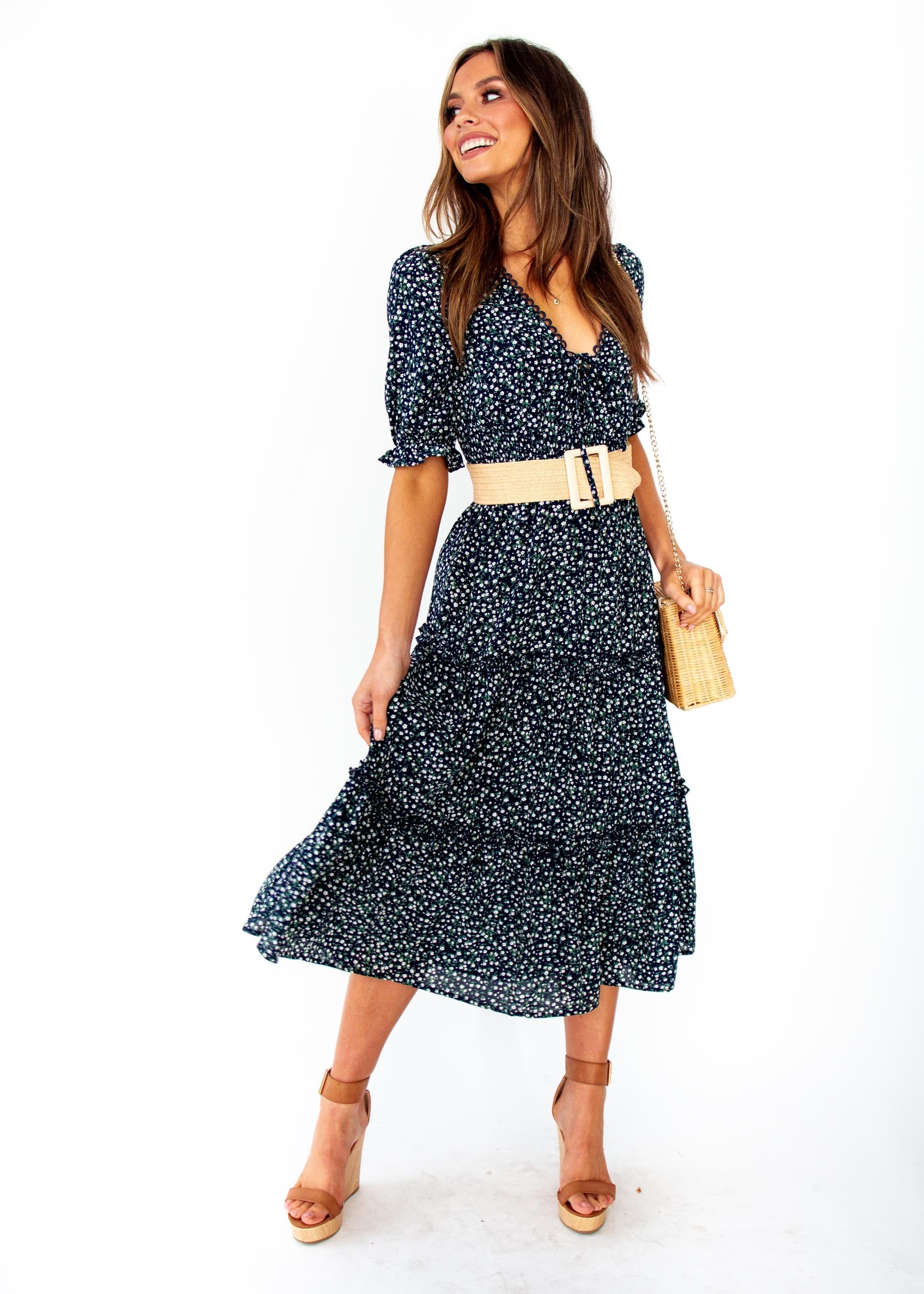 Caught In The Flames Midi Dress - Navy Floral Print
