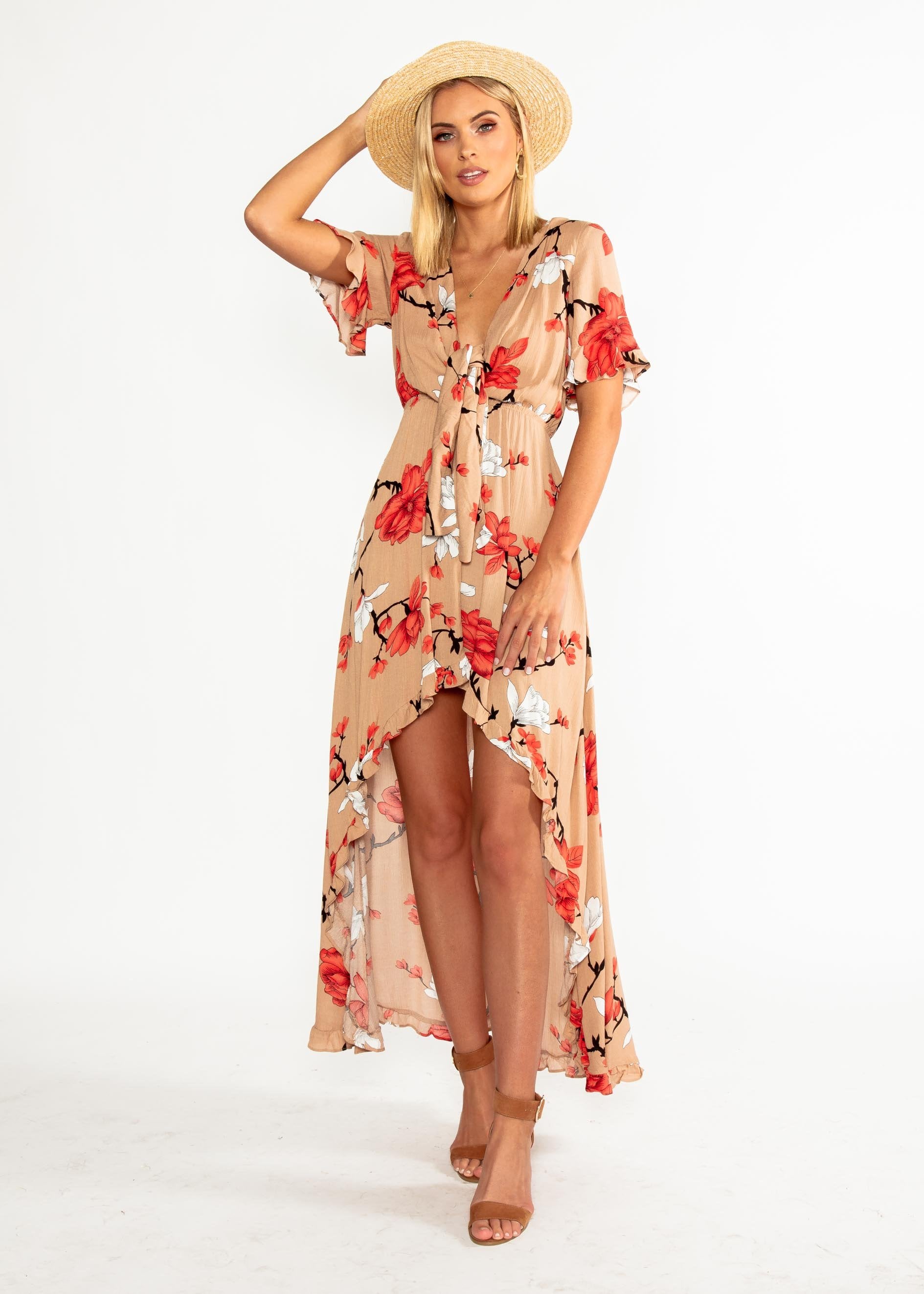 Harmony Tie Hi-Low Midi Dress - Mocha Floral