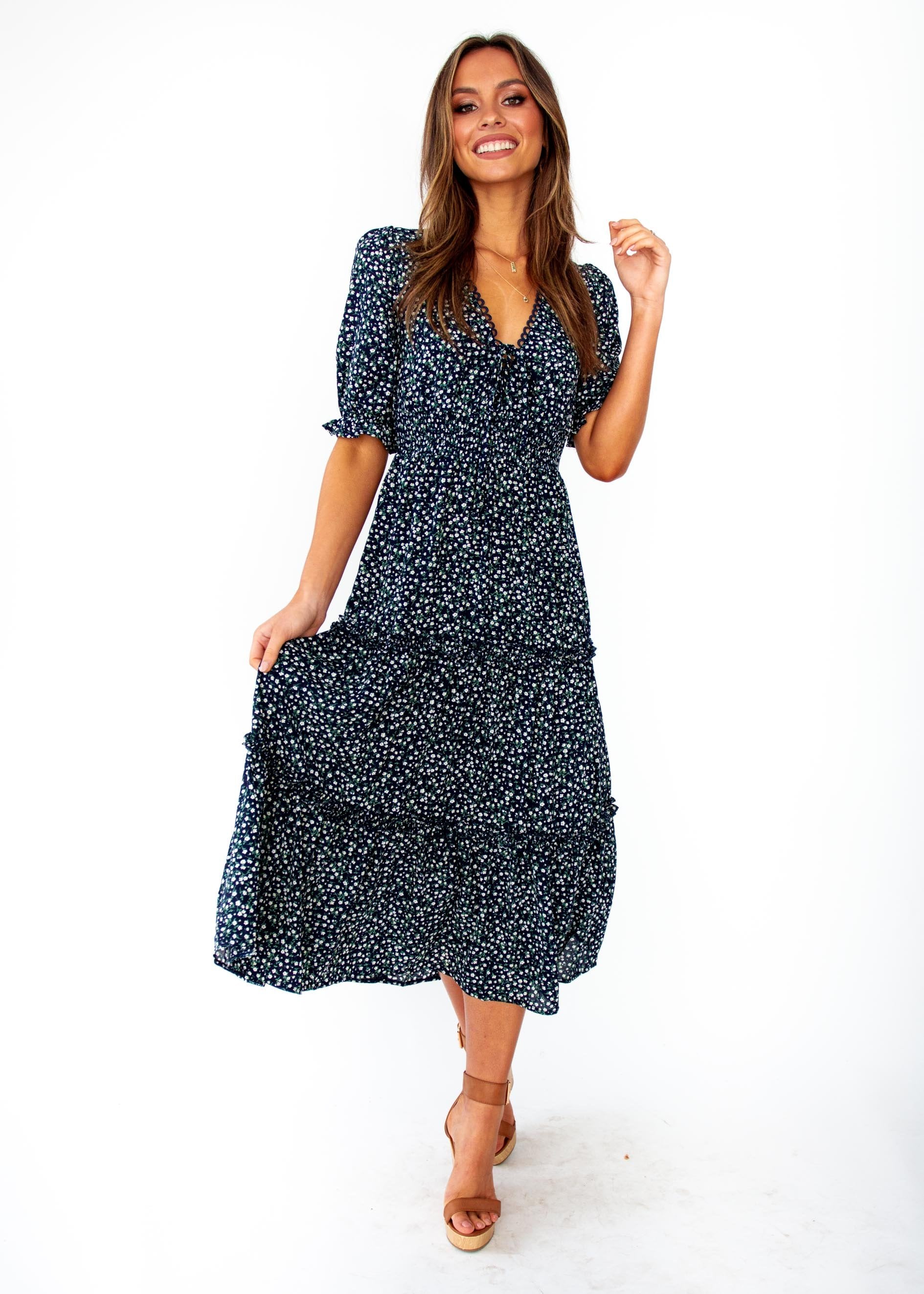 Caught In The Flames Midi Dress - Navy Floral