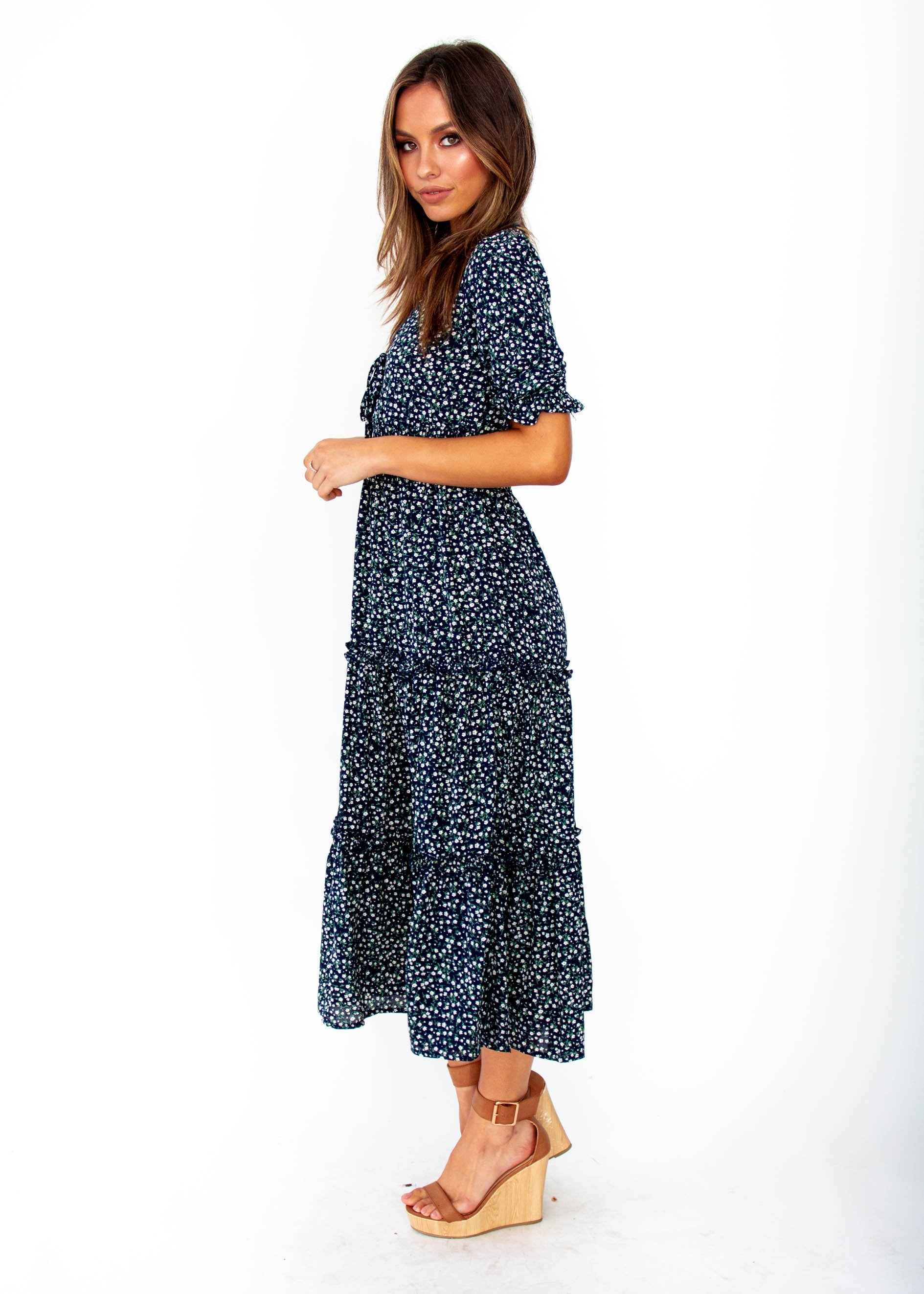 Caught In The Flames Midi Dress - Navy Floral
