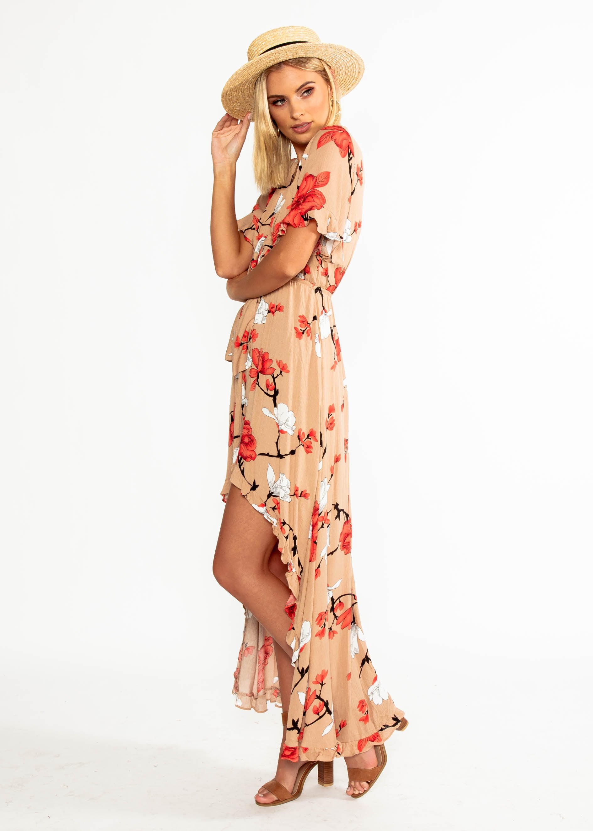 Harmony Tie Hi-Low Midi Dress - Mocha Floral