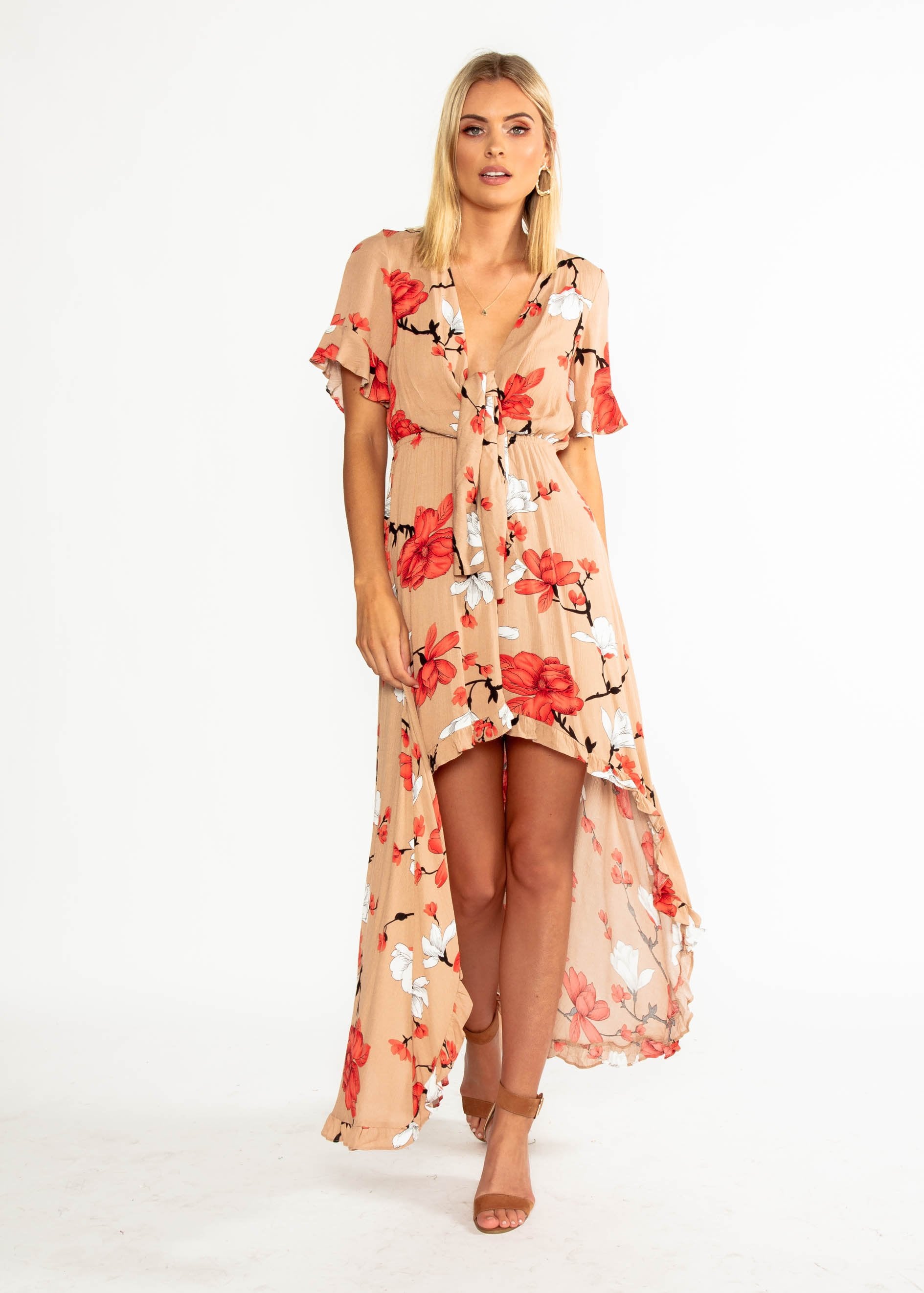 Harmony Tie Hi-Low Midi Dress - Mocha Floral