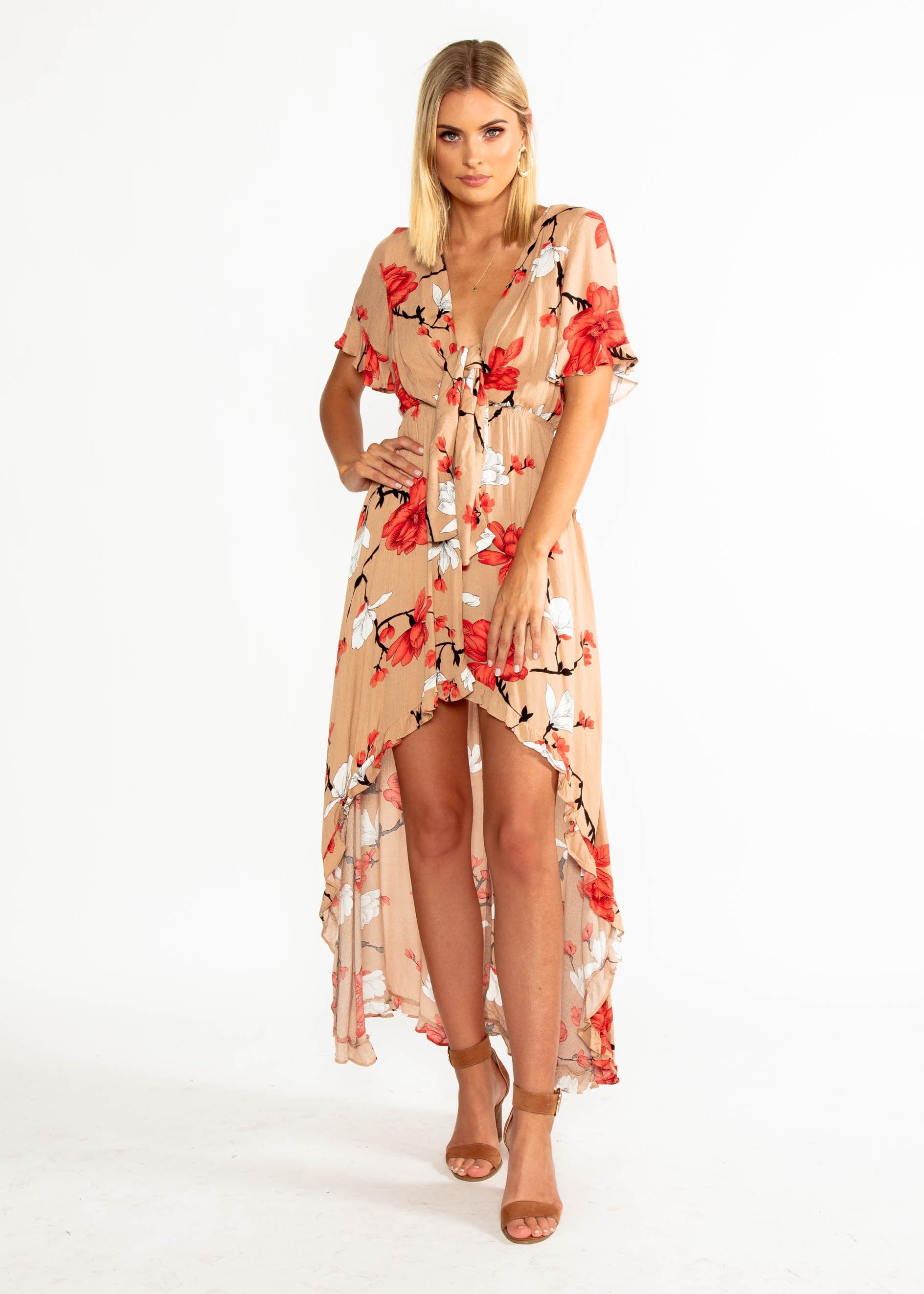 Harmony Tie Hi-Low Midi Dress - Mocha Floral