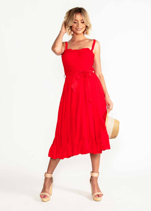 Great Escape Midi Dress w/ Tie - Red