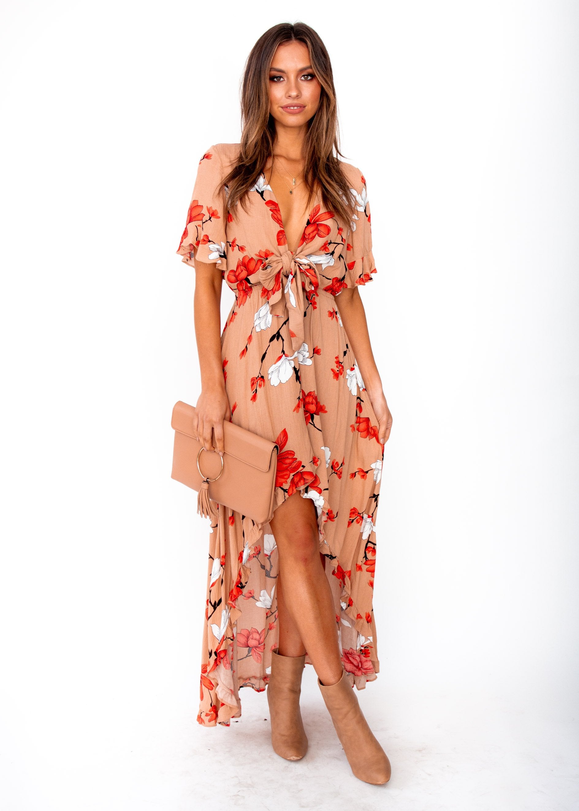 Harmony Tie Hi-Low Midi Dress - Mocha Floral