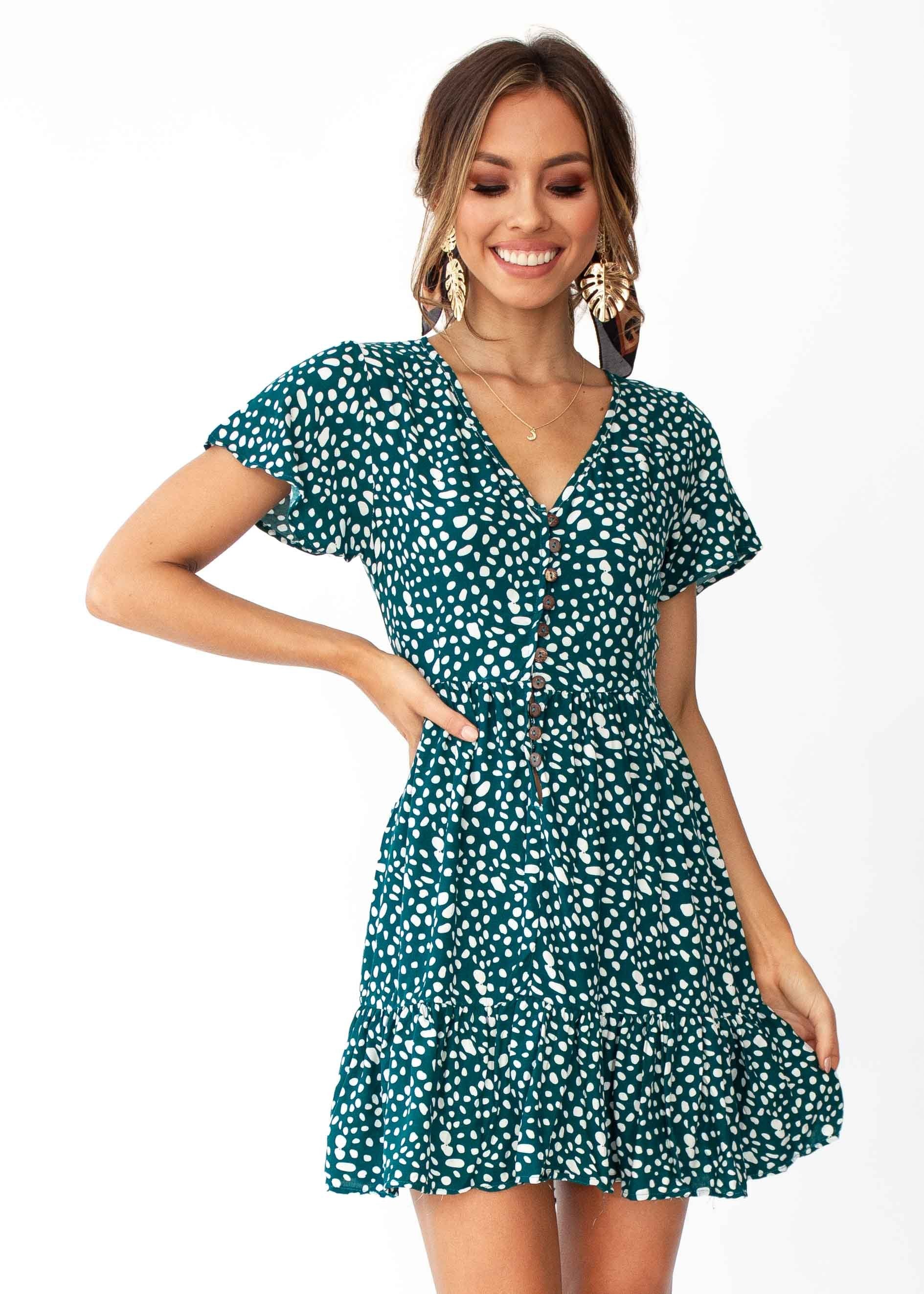 Women's Sumatra Swing Dress - Emerald Spot Print