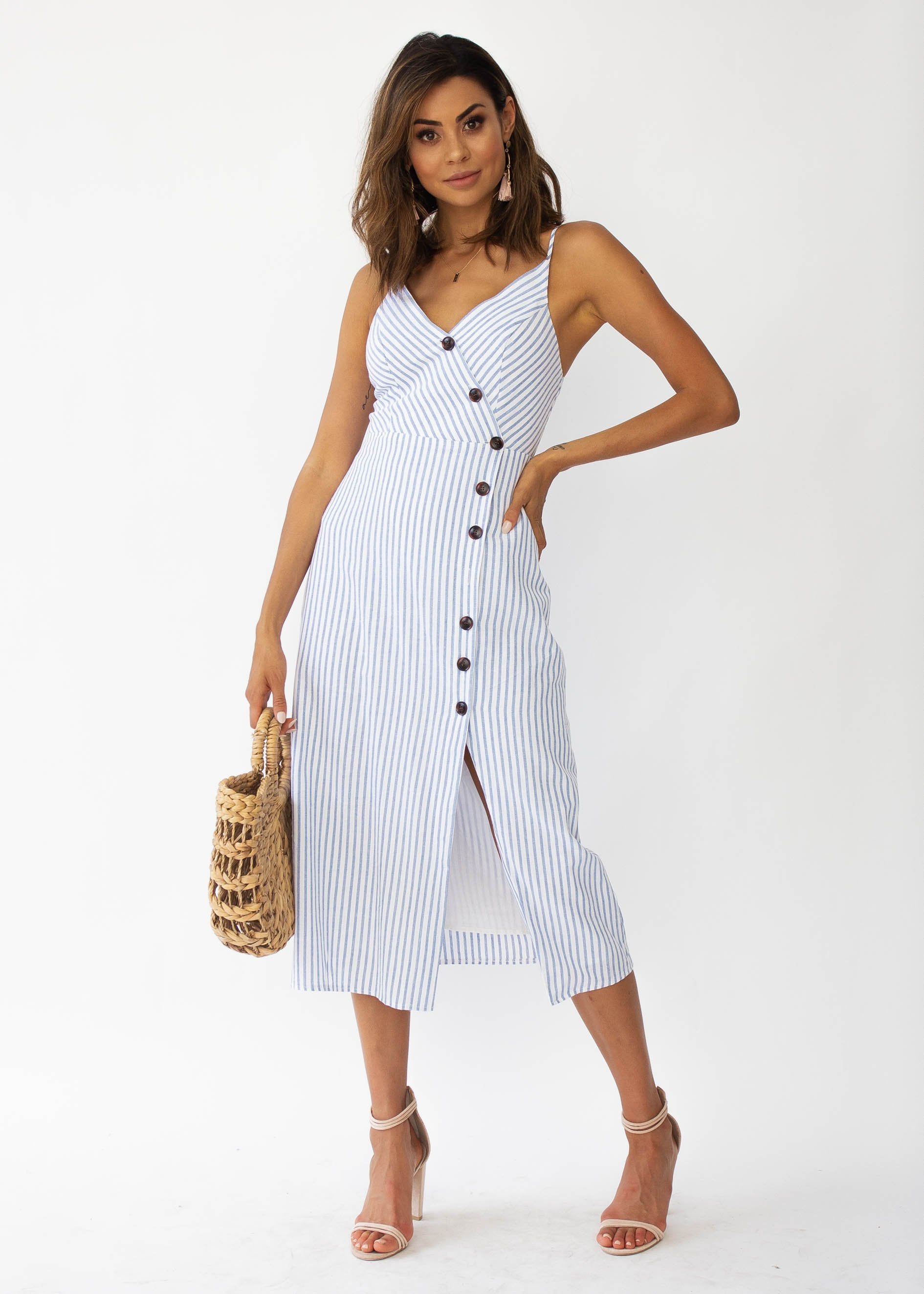 Speechless Cotton Midi Dress - Blue Stripe