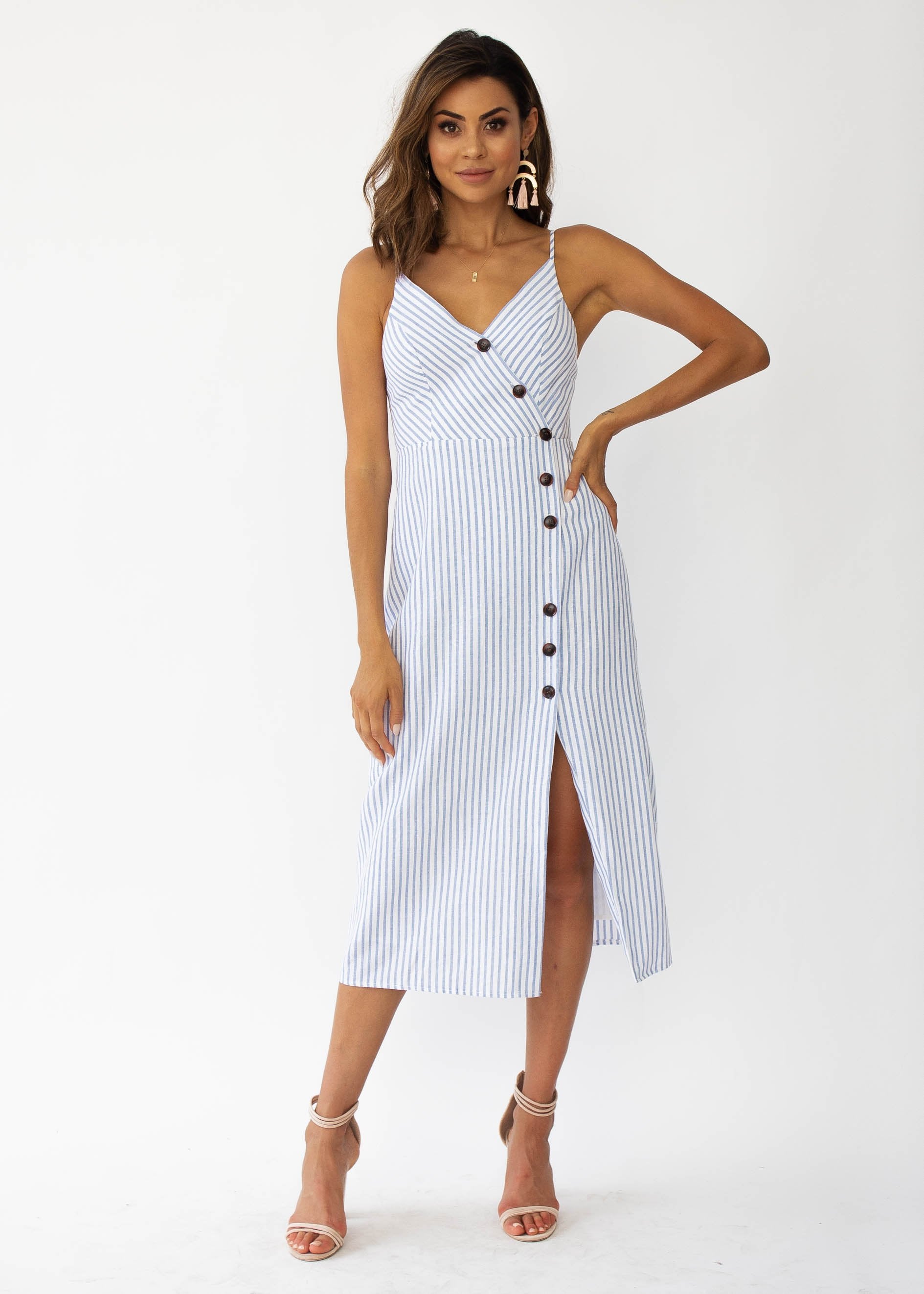 Speechless Cotton Midi Dress - Blue Stripe