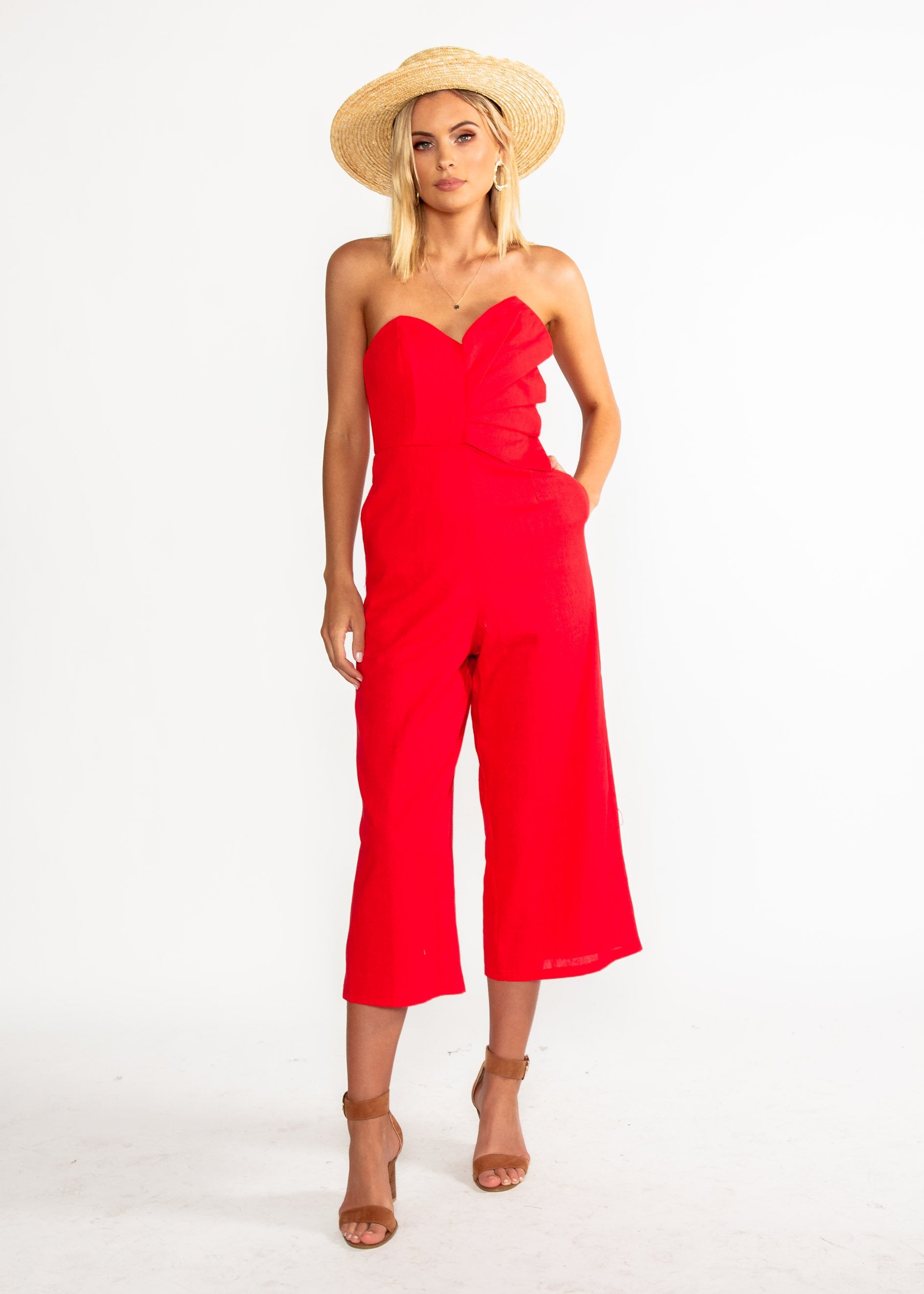 Rapid Fire Linen Strapless Pantsuit - Red