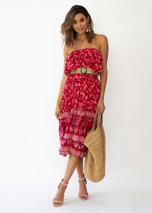 Simona Strapless Midi Dress - Crimson Floral