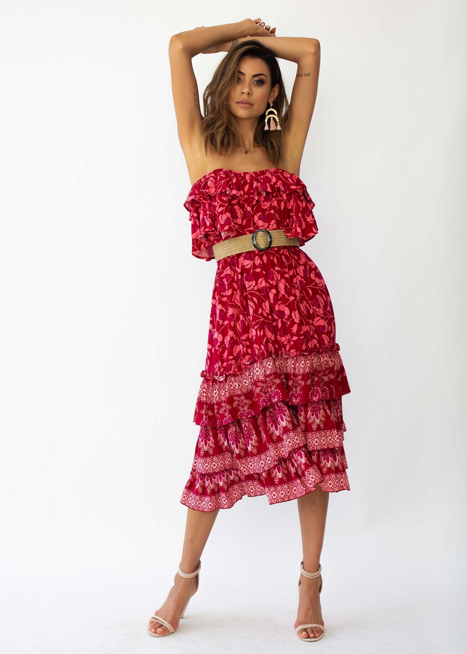 Simona Strapless Midi Dress - Crimson Floral