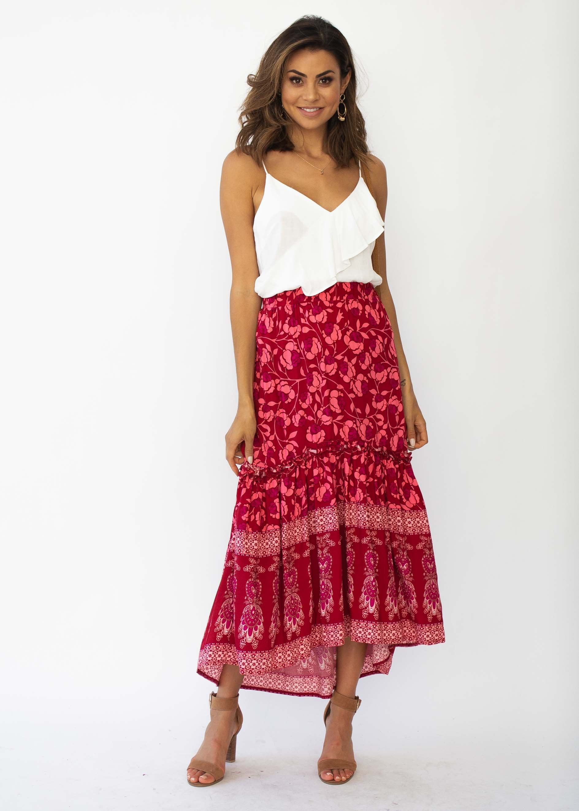 Jaida Hi-Lo Maxi Skirt - Crimson Floral