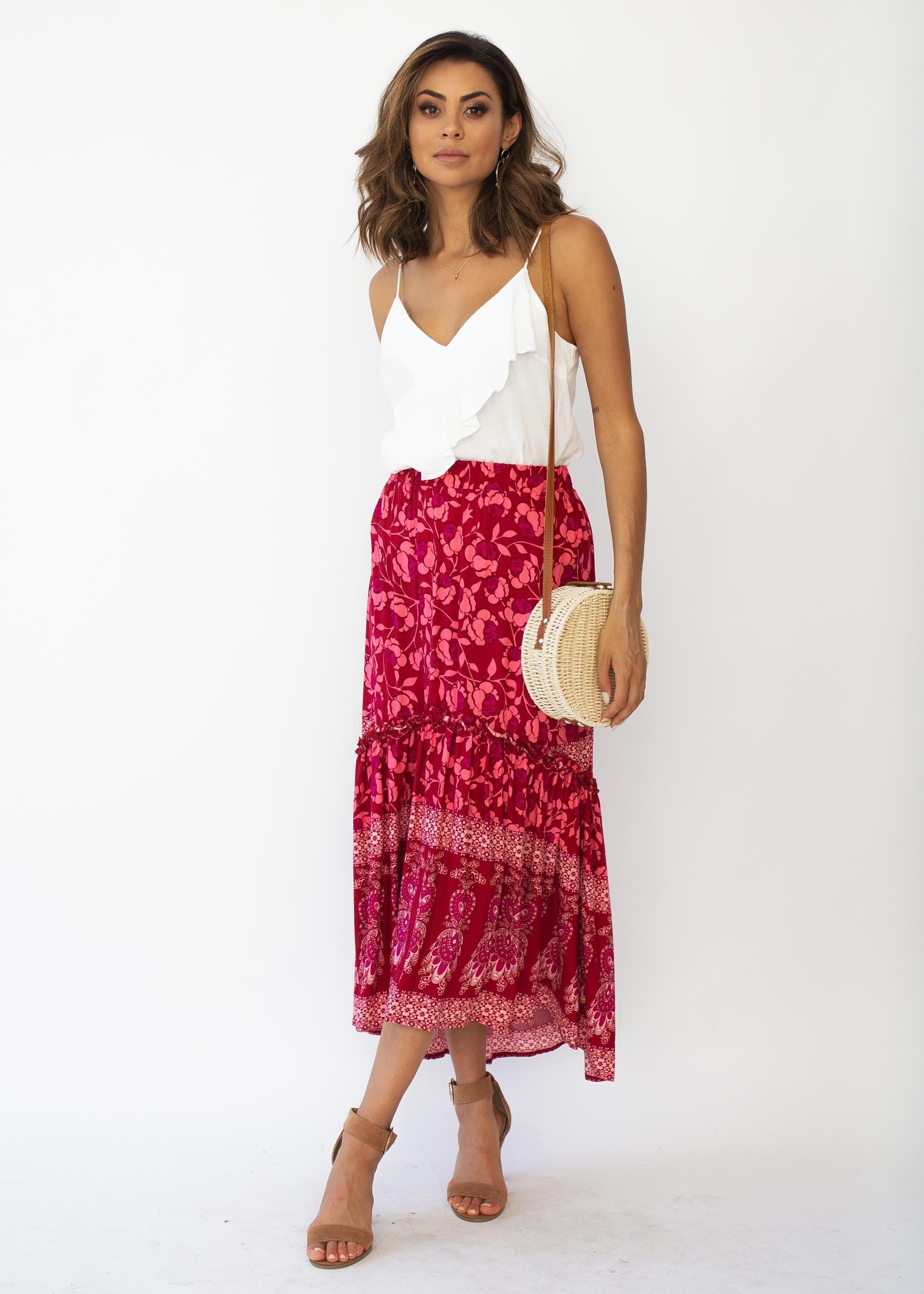 Jaida Hi-Lo Maxi Skirt - Crimson Floral
