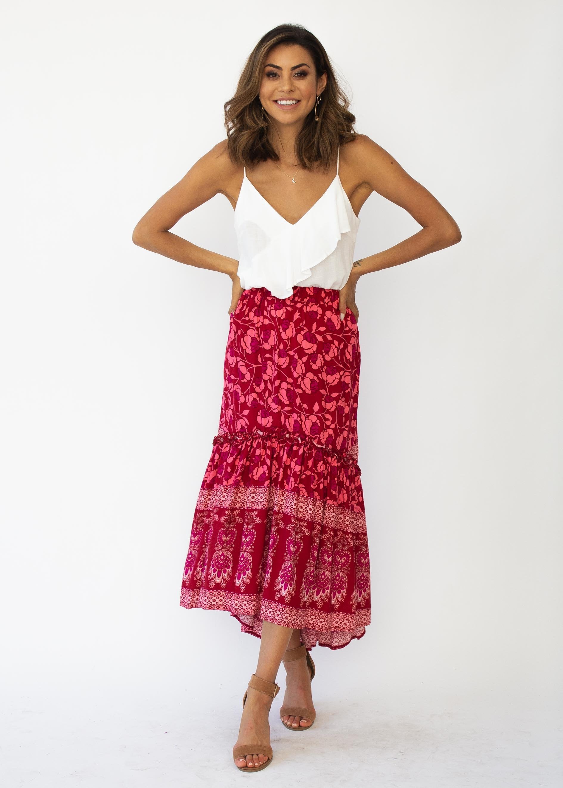 Jaida Hi-Lo Maxi Skirt - Crimson Floral