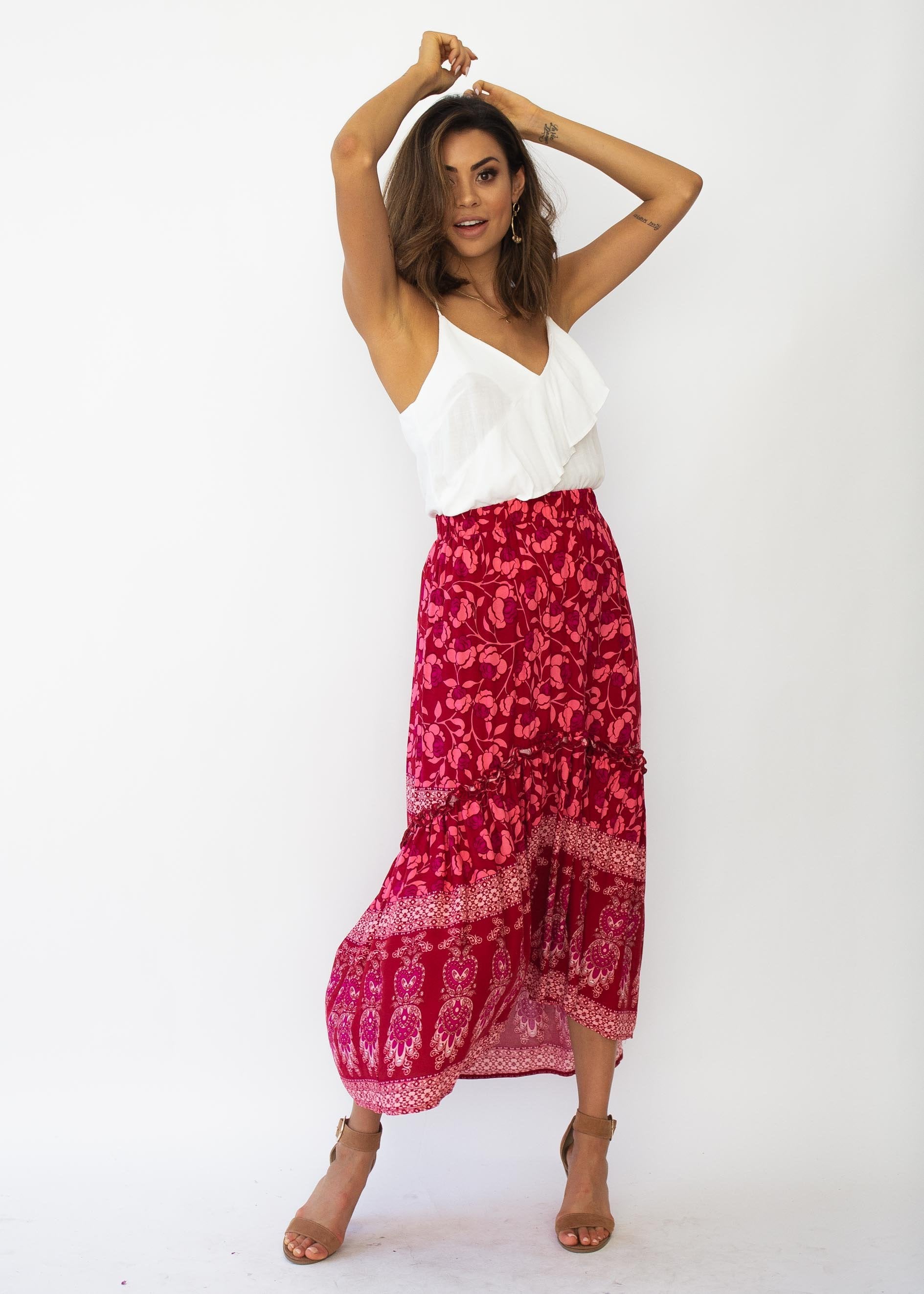 Jaida Hi-Lo Maxi Skirt - Crimson Floral