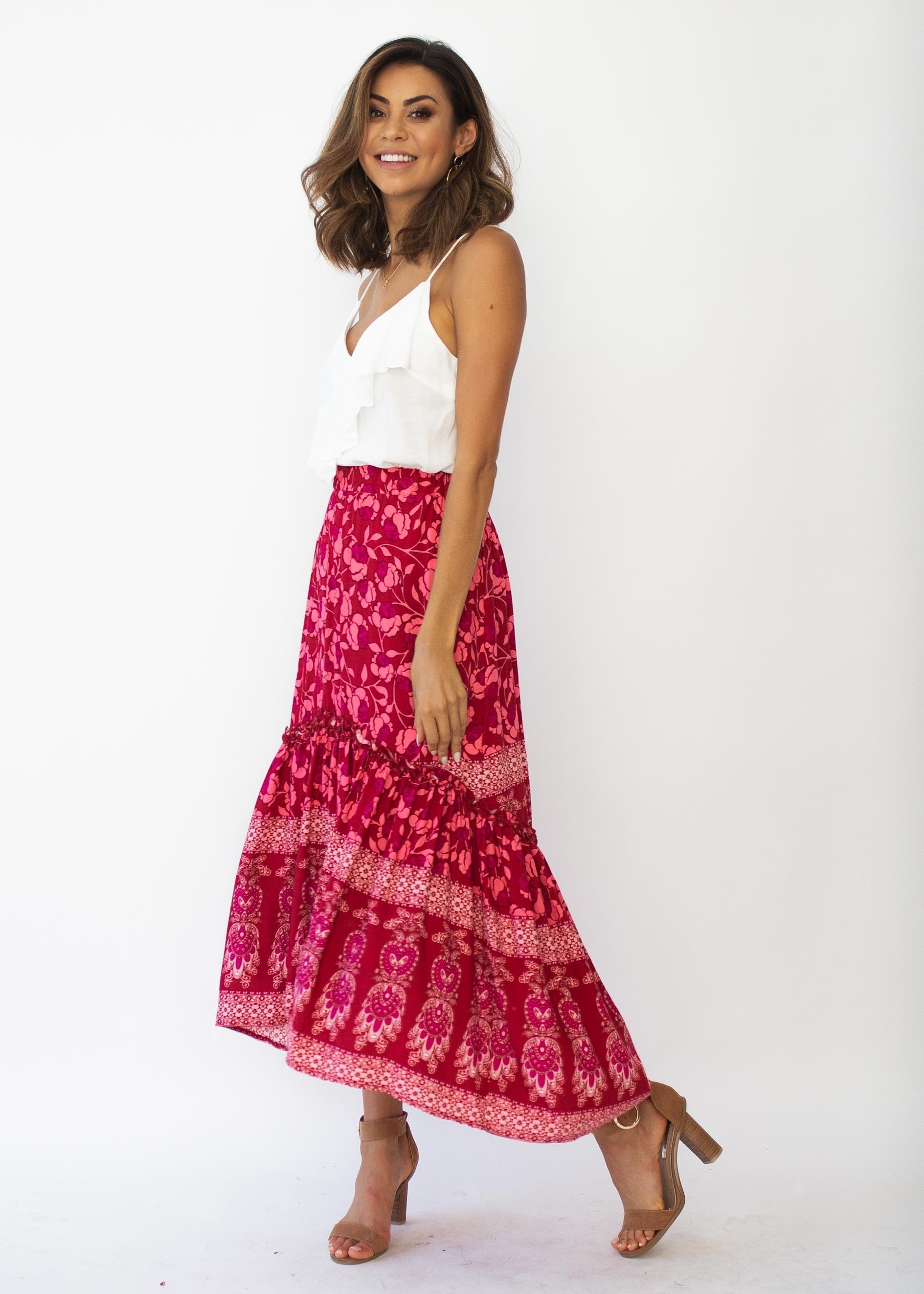 Jaida Hi-Lo Maxi Skirt - Crimson Floral