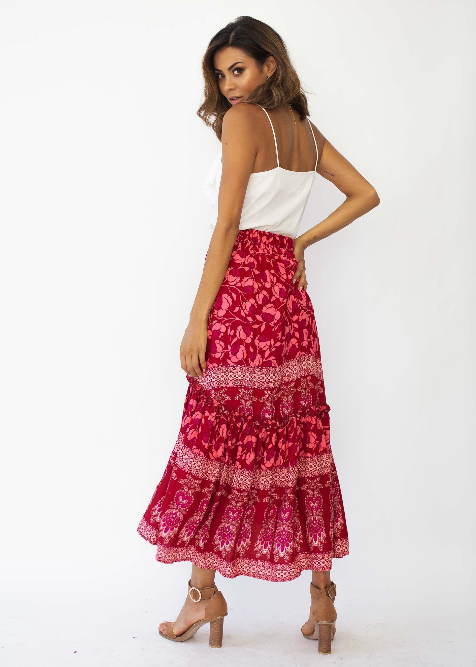 Jaida Hi-Lo Maxi Skirt - Crimson Floral