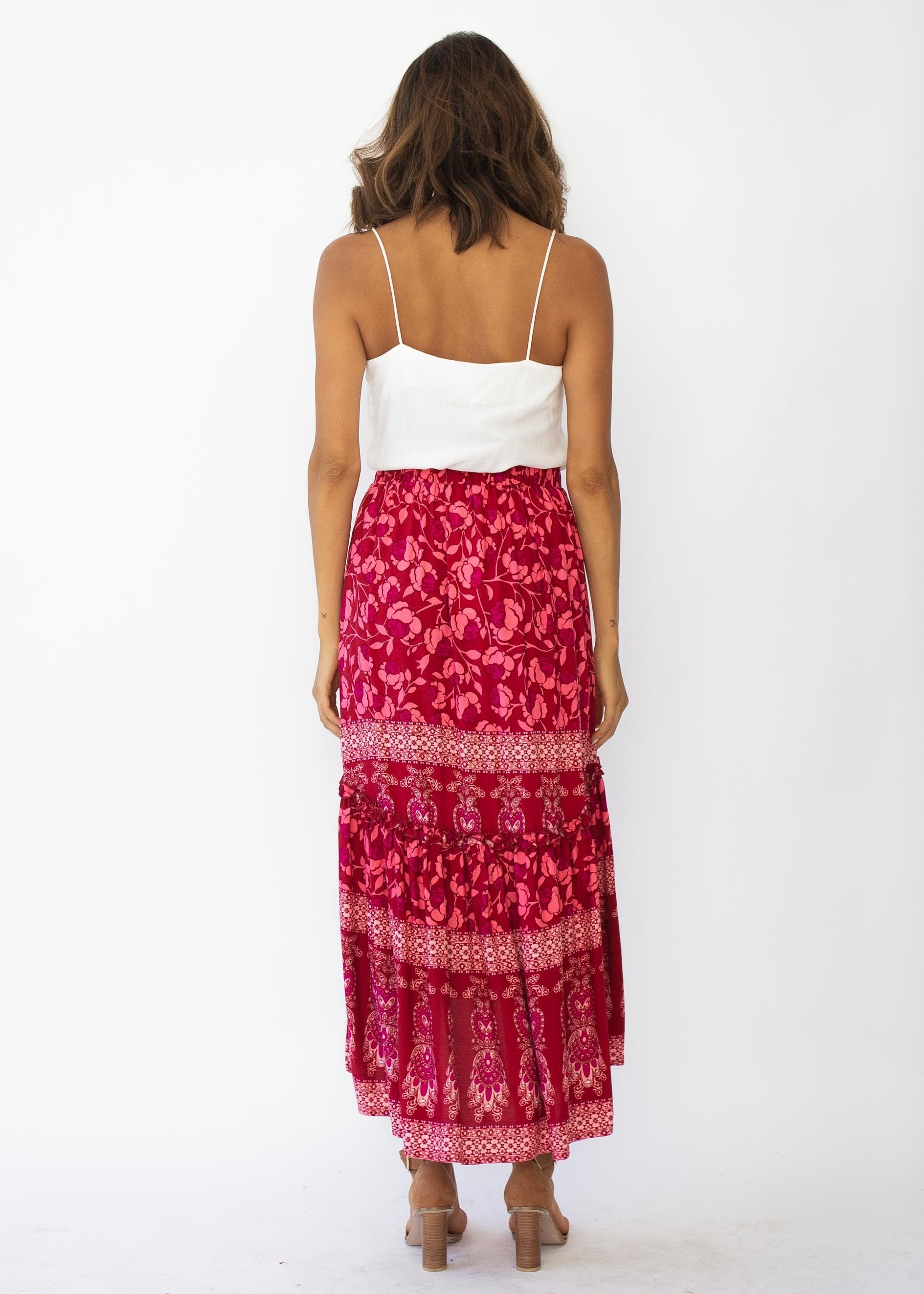 Jaida Hi-Lo Maxi Skirt - Crimson Floral