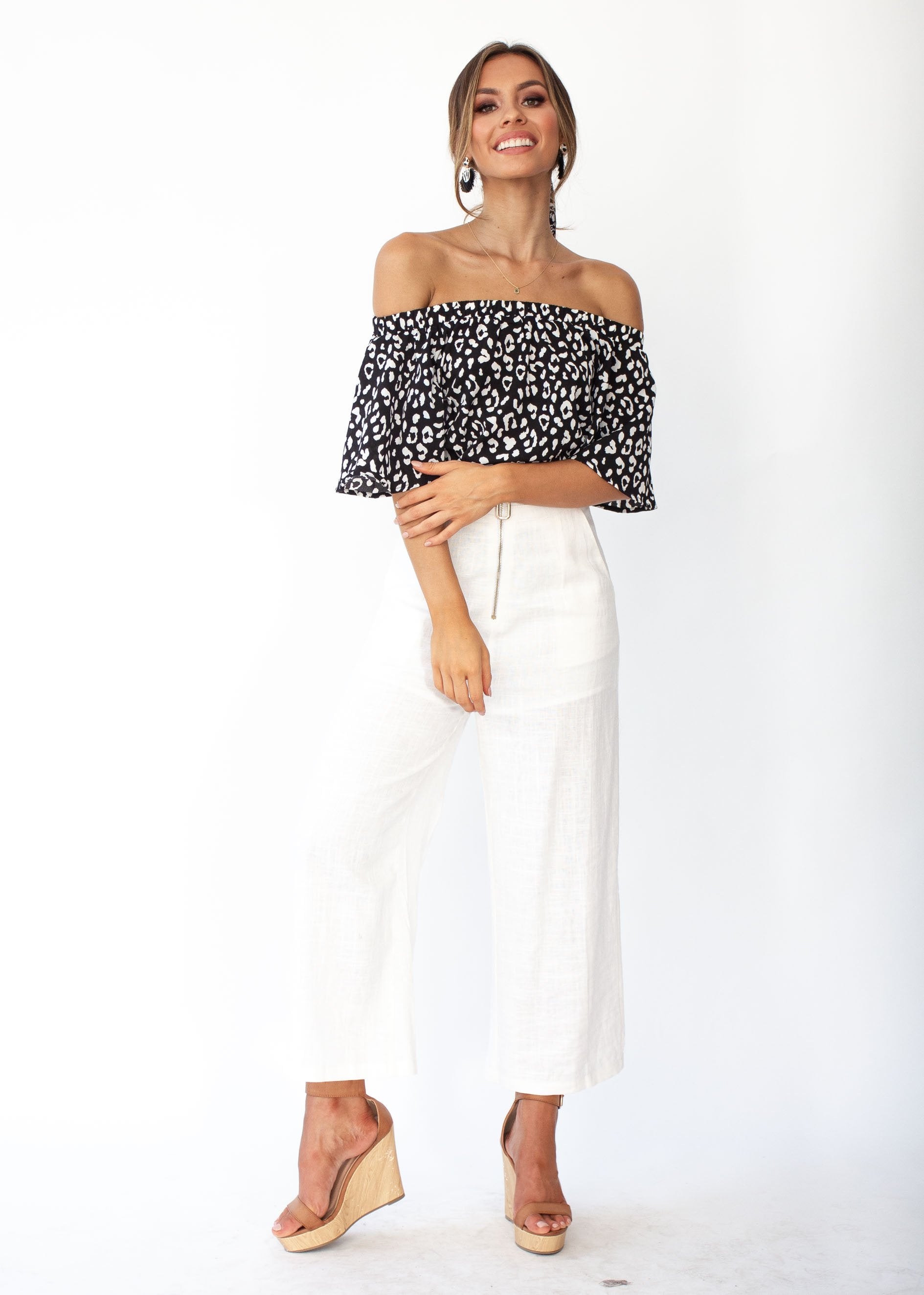 Dare To Try Off Shoulder Top - Black White Print