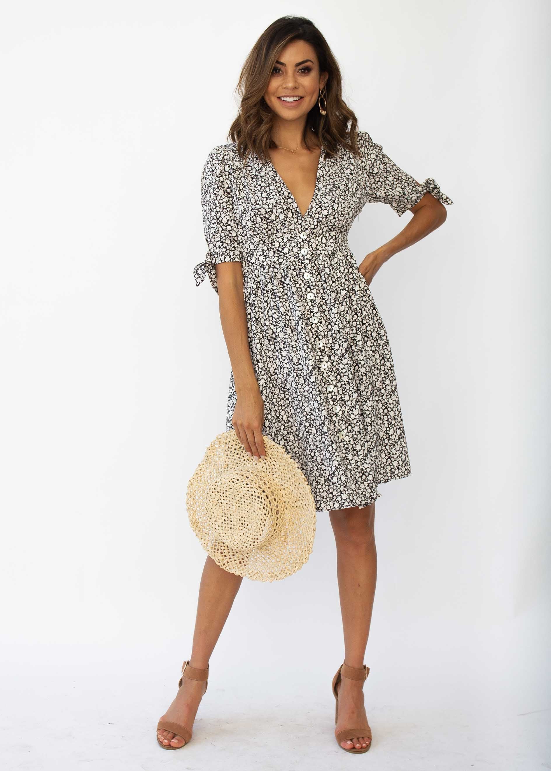 Mariposa Midi Dress - Black Floral