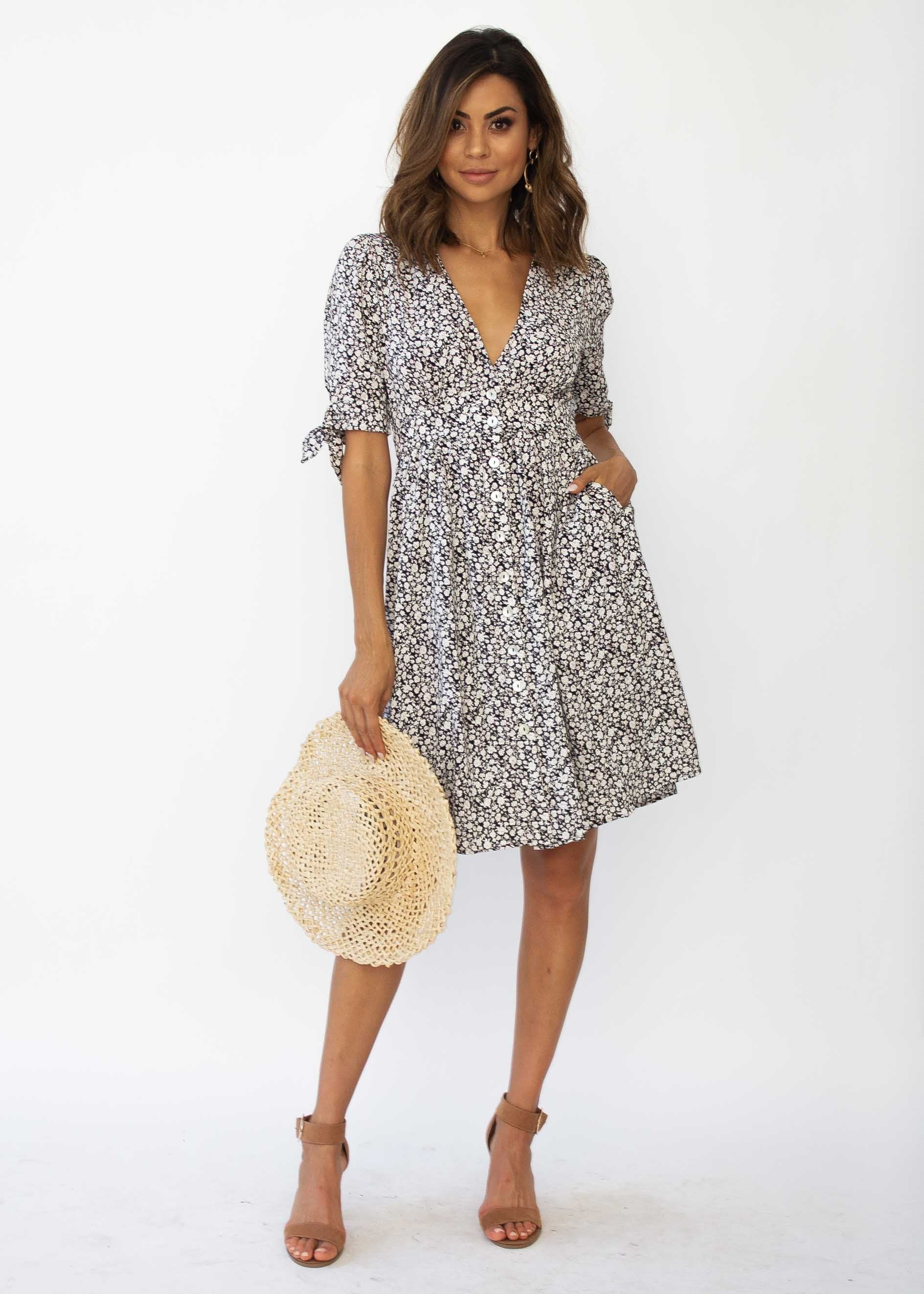 Mariposa Midi Dress - Black Floral