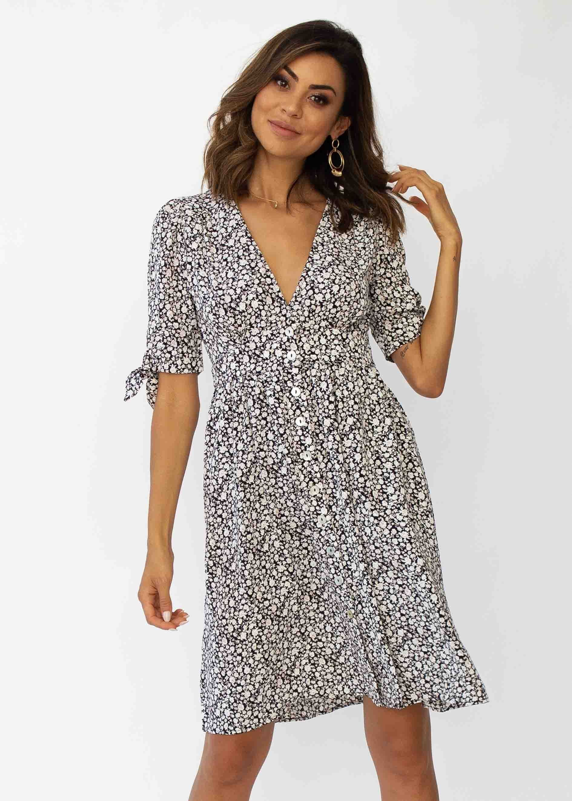 Mariposa Midi Dress - Black Floral