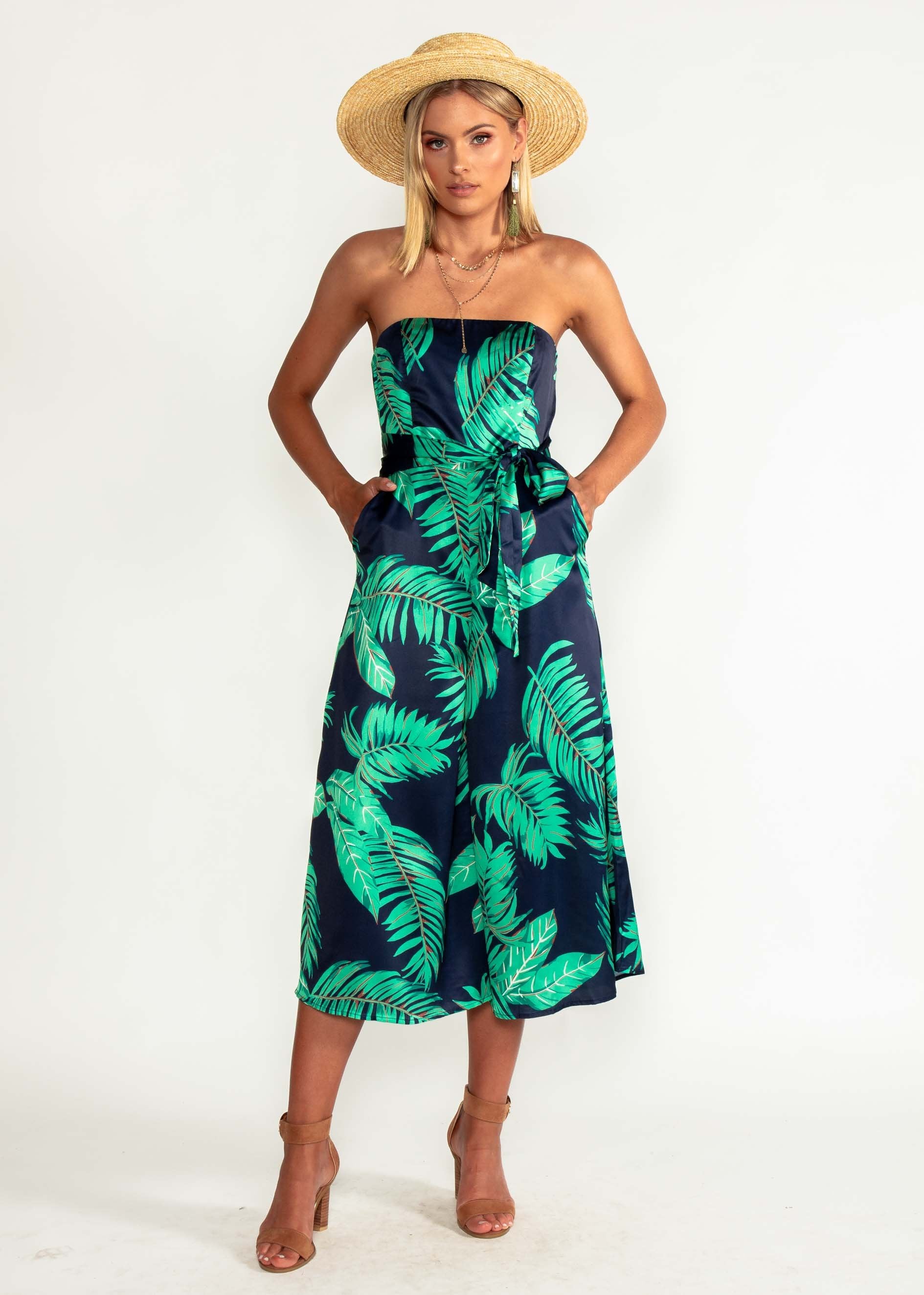 Kaia Strapless Pantsuit - Navy Tropics