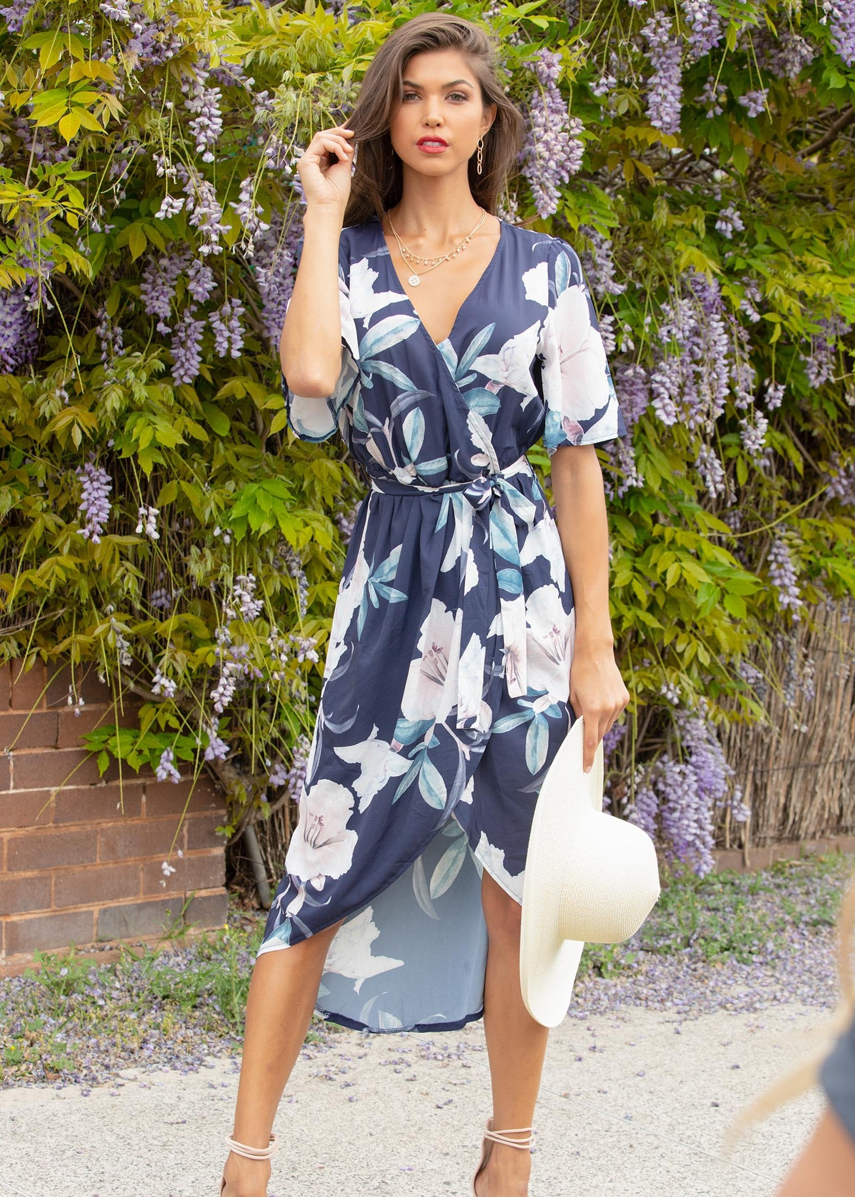 Perfect Ending Midi Dress w/ Tie - Navy Floral