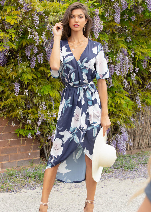Perfect Ending Midi Dress w/ Tie - Navy Floral