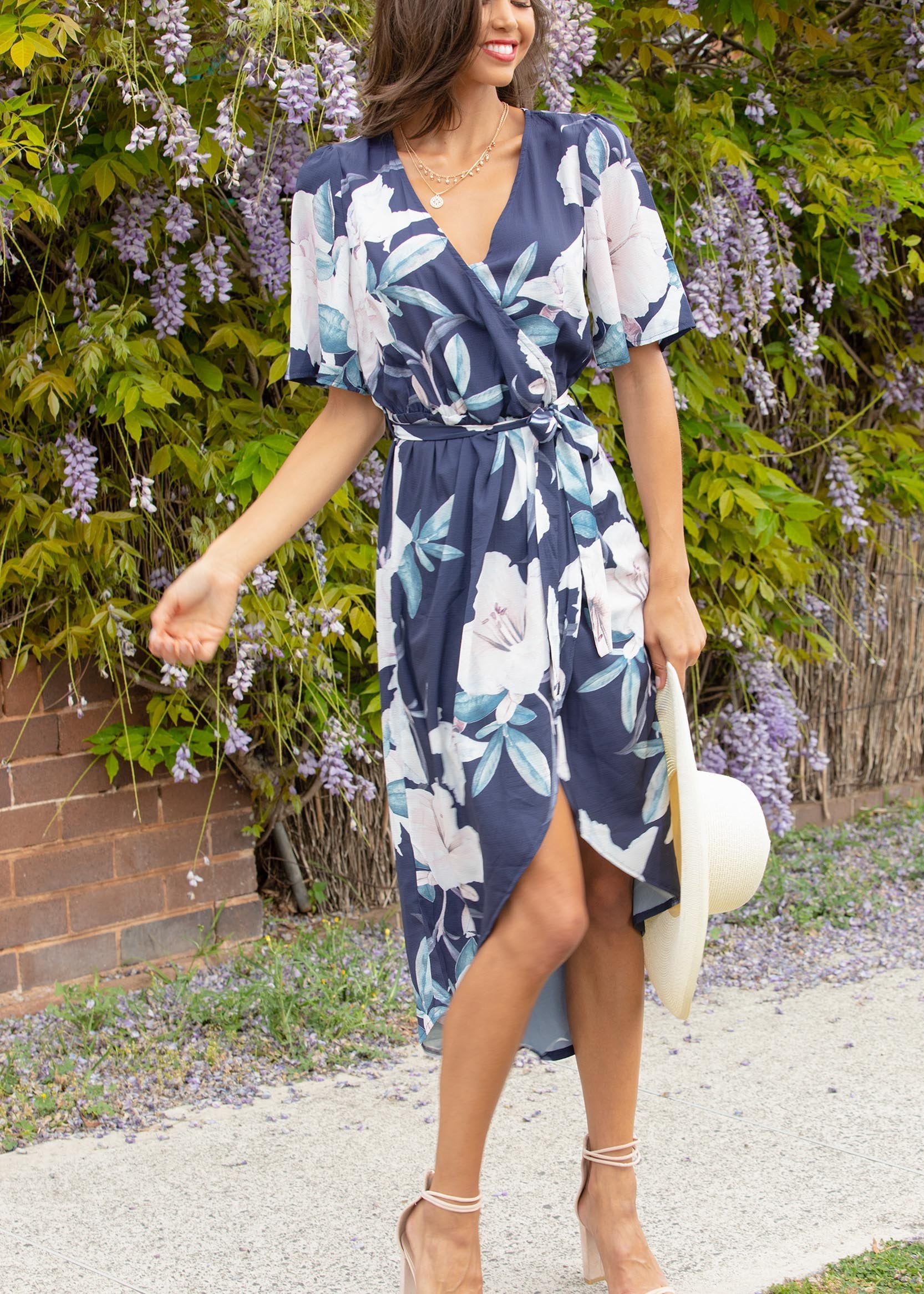 Perfect Ending Midi Dress w/ Tie - Navy Floral