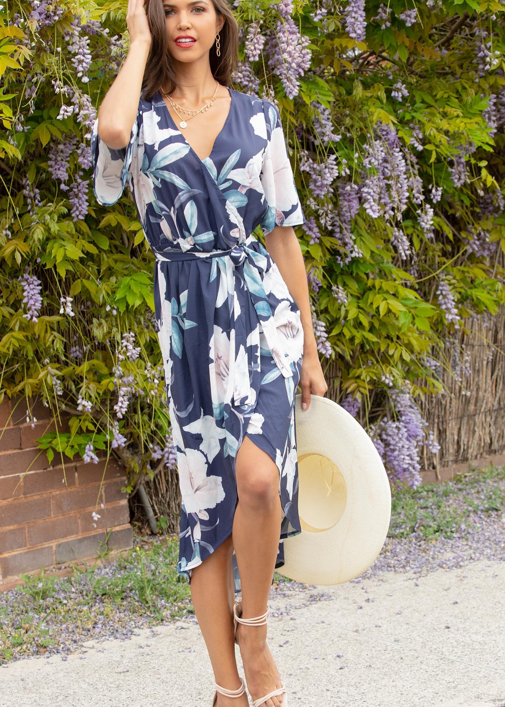 Perfect Ending Midi Dress w/ Tie - Navy Floral