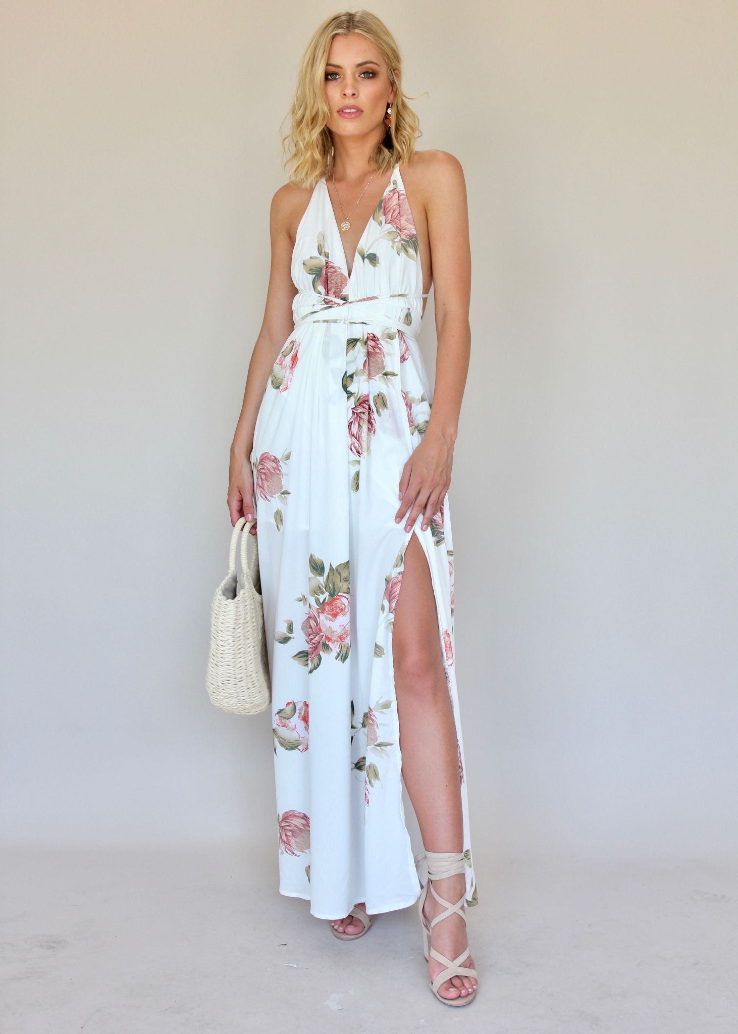 Karmen Halter Maxi Dress - White Botanica