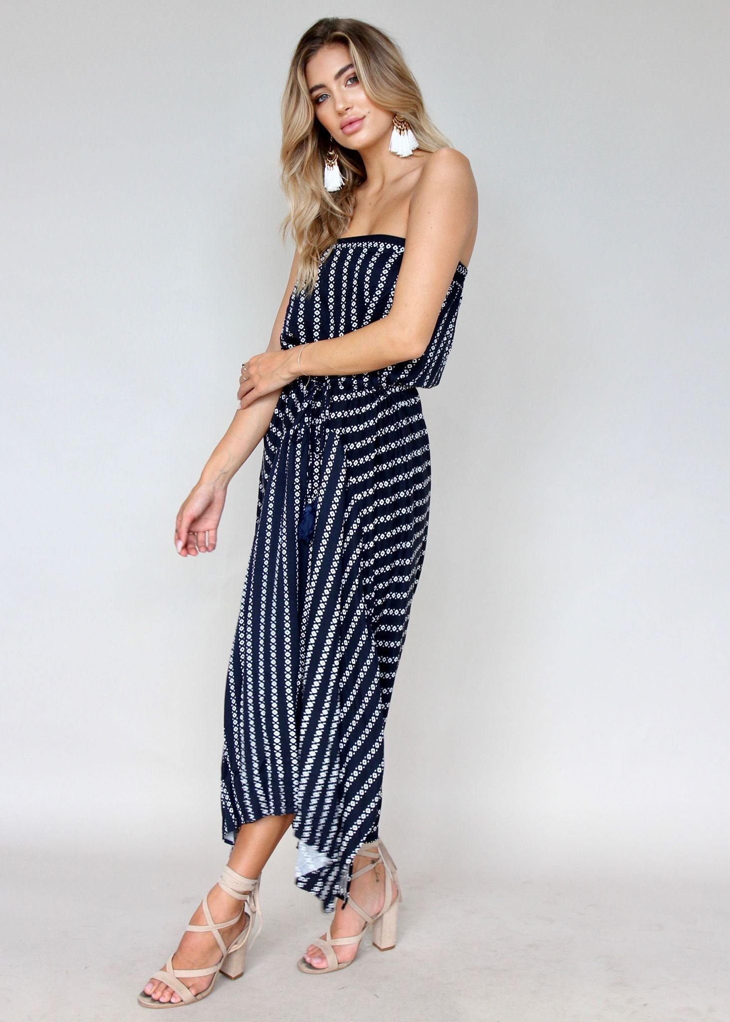 New Freedom Strapless Maxi Dress - Navy Aztec