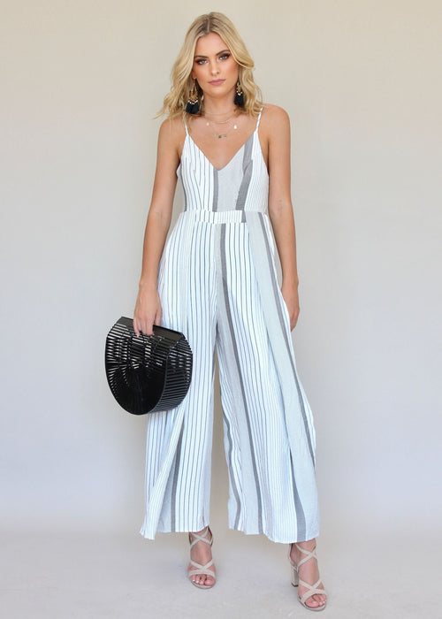 Take The Lead Pantsuit - Grey Stripe