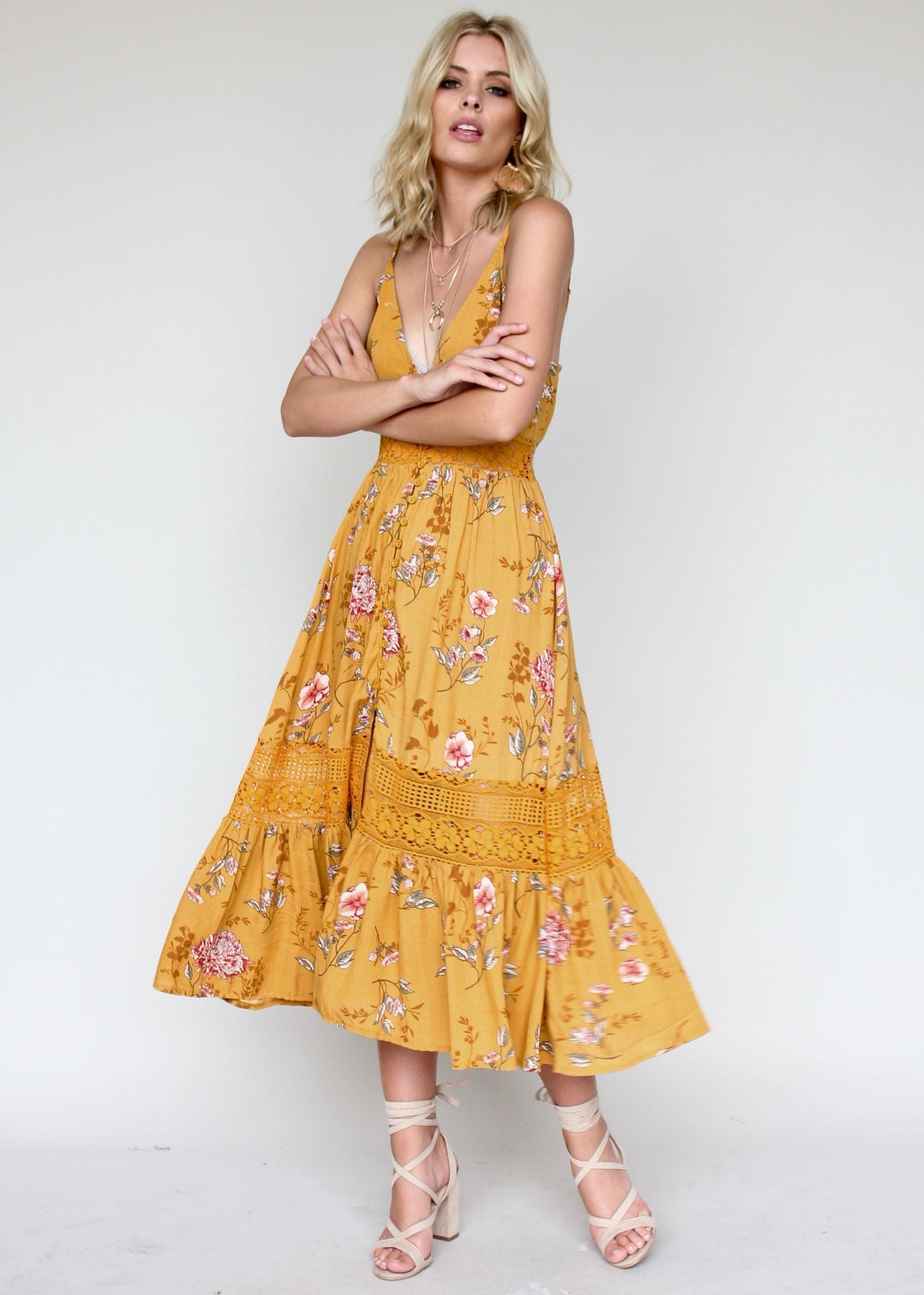 About The Weekend Midi Dress - Mustard Floral
