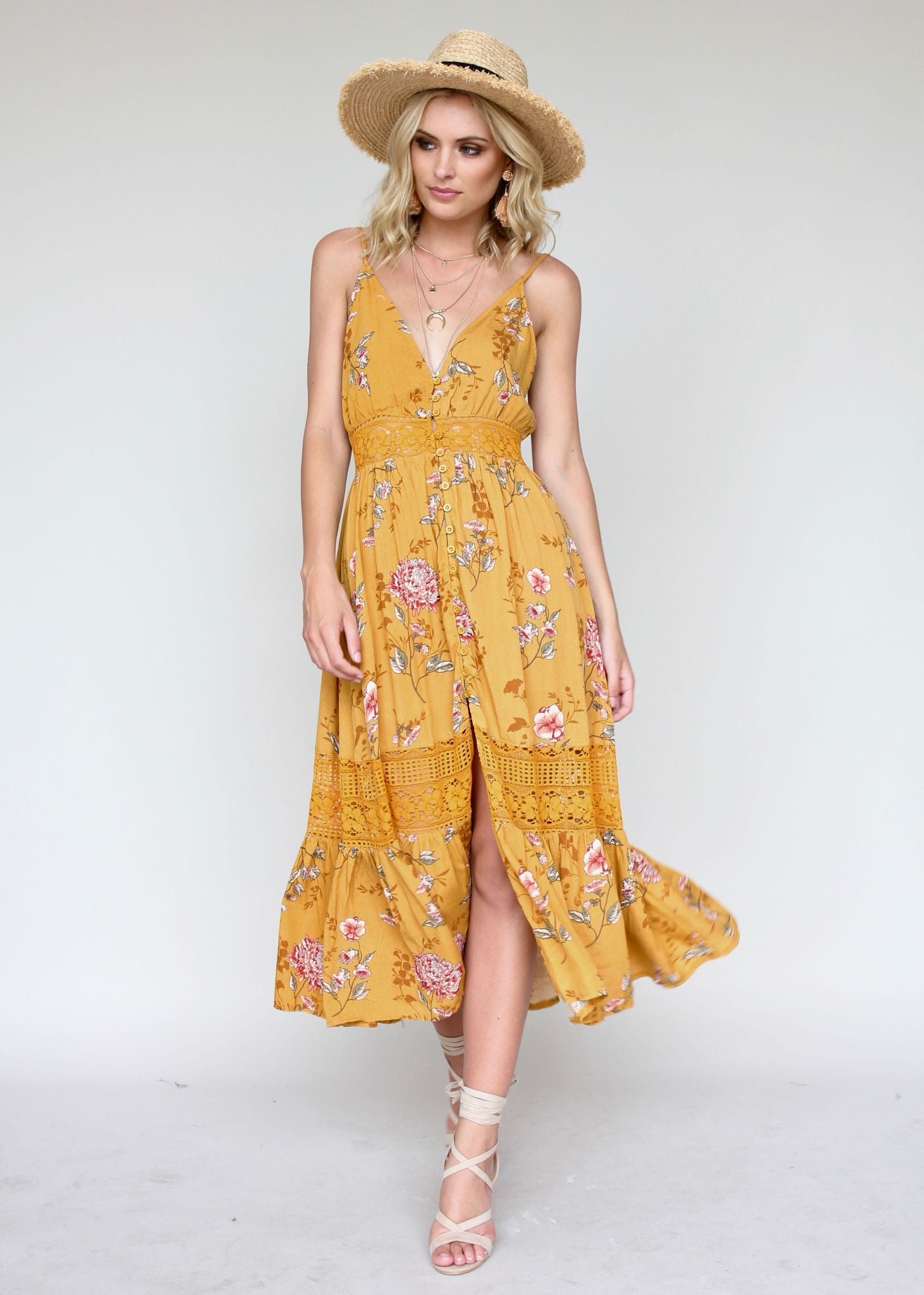 About The Weekend Midi Dress - Mustard Floral