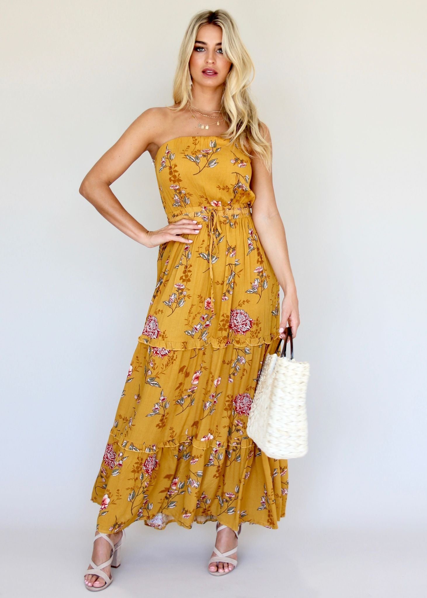 Lucina Strapless Dress - Mustard Floral