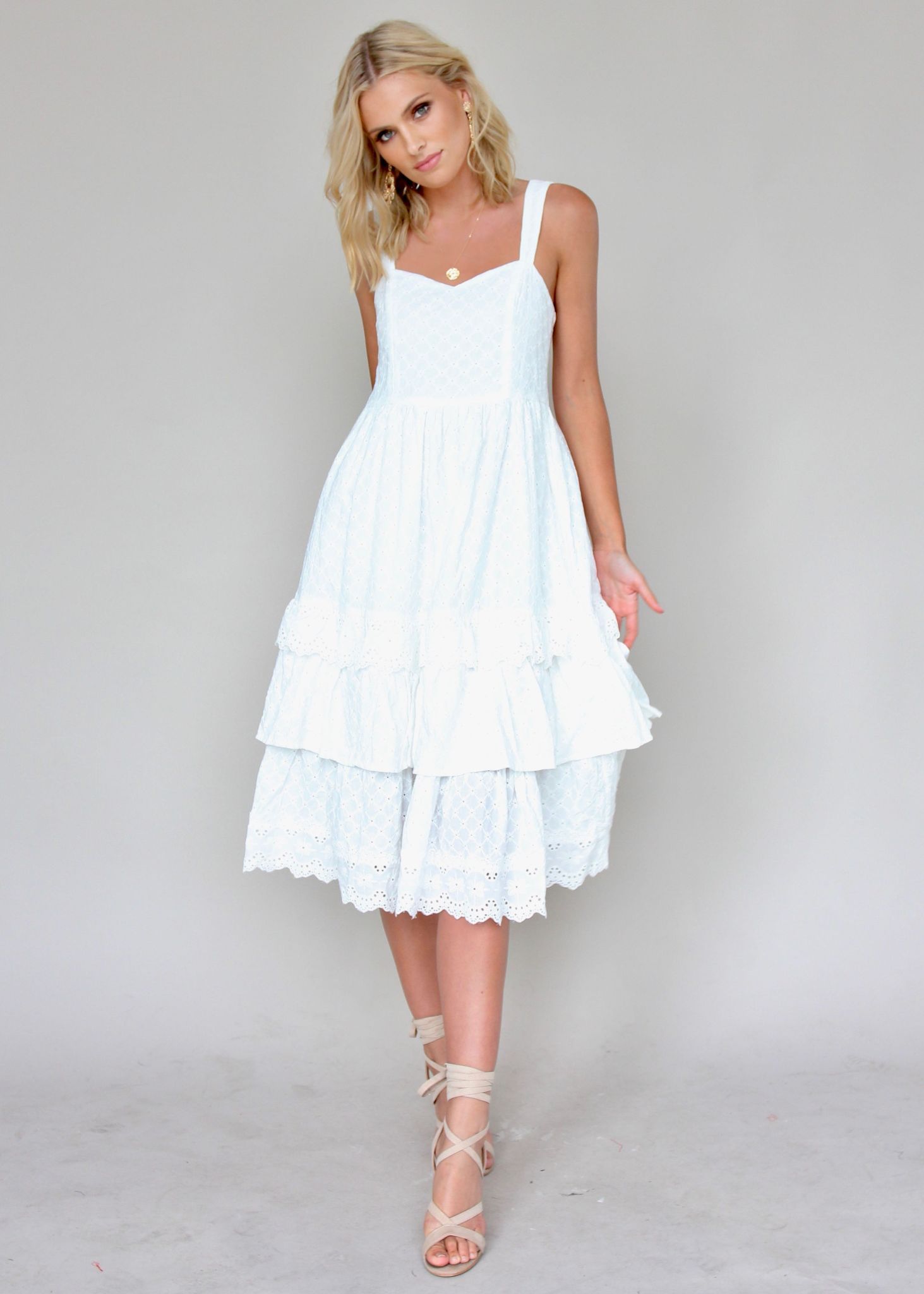 Annie Swing Midi Dress - White Emboidered