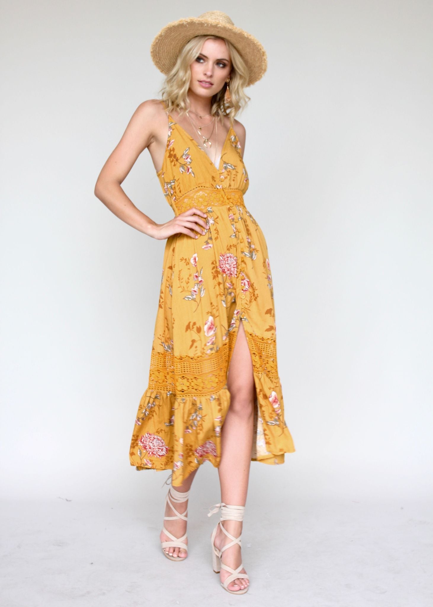 About The Weekend Midi Dress - Mustard Floral