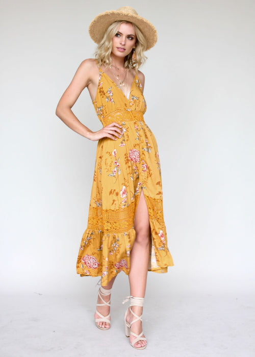 About The Weekend Midi Dress - Mustard Floral