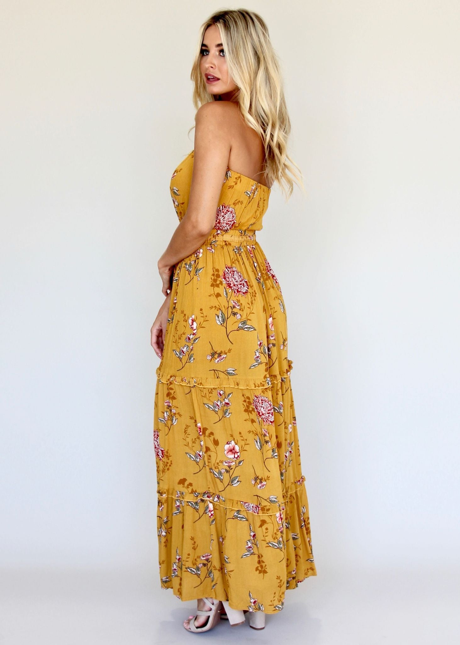 Lucina Strapless Dress - Mustard Floral