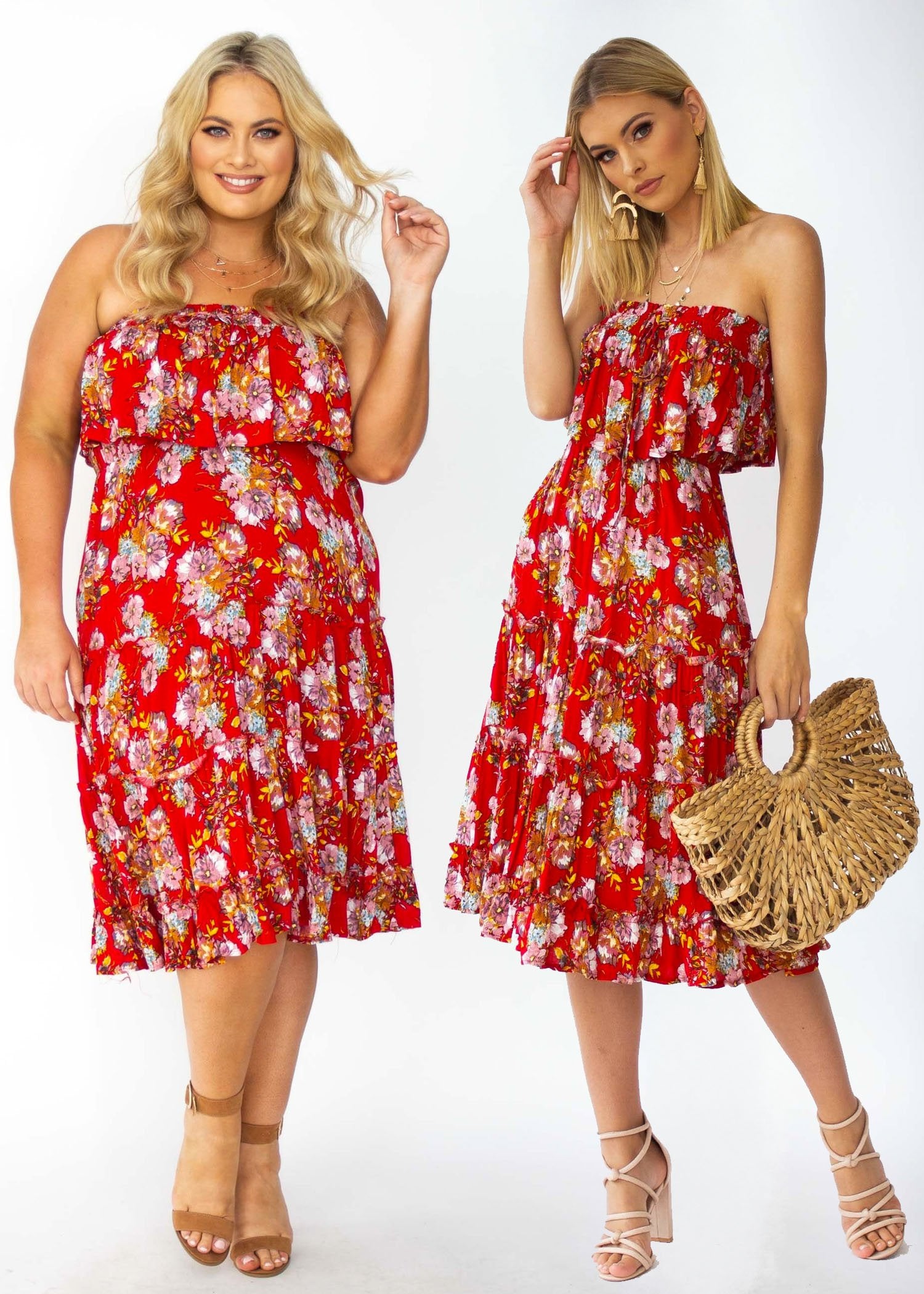 Emery Strapless Midi Dress - Red Floral