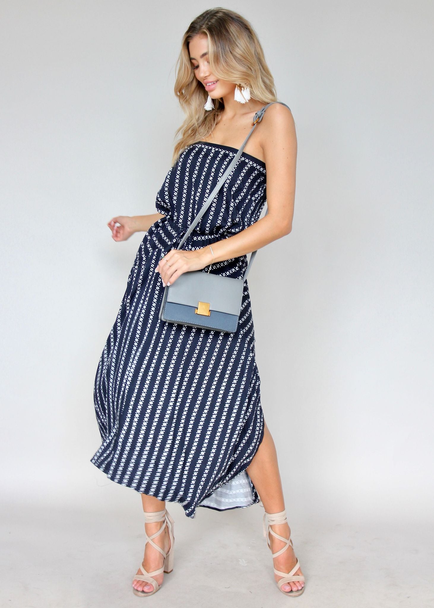 New Freedom Strapless Maxi Dress - Navy Aztec